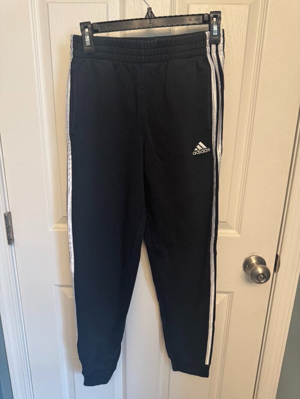 Black Adidas Sweatpants Joggers with White Stripes- Youth Size L (14/16)